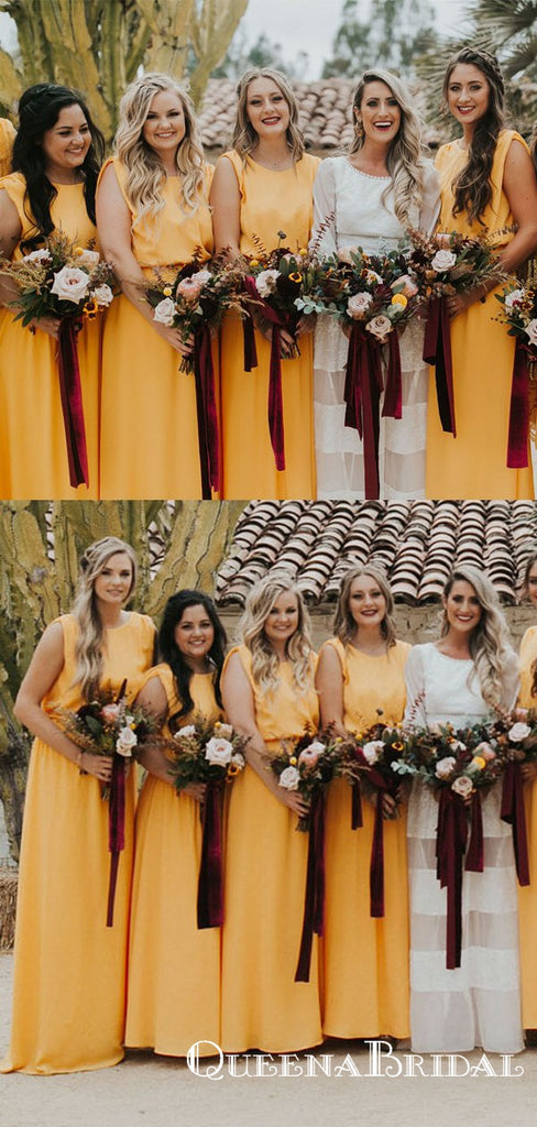 Elegant Charming Yellow Round Neck Sleeveless Long Cheap Wedding Party Bridesmaid Dresses, QB0914