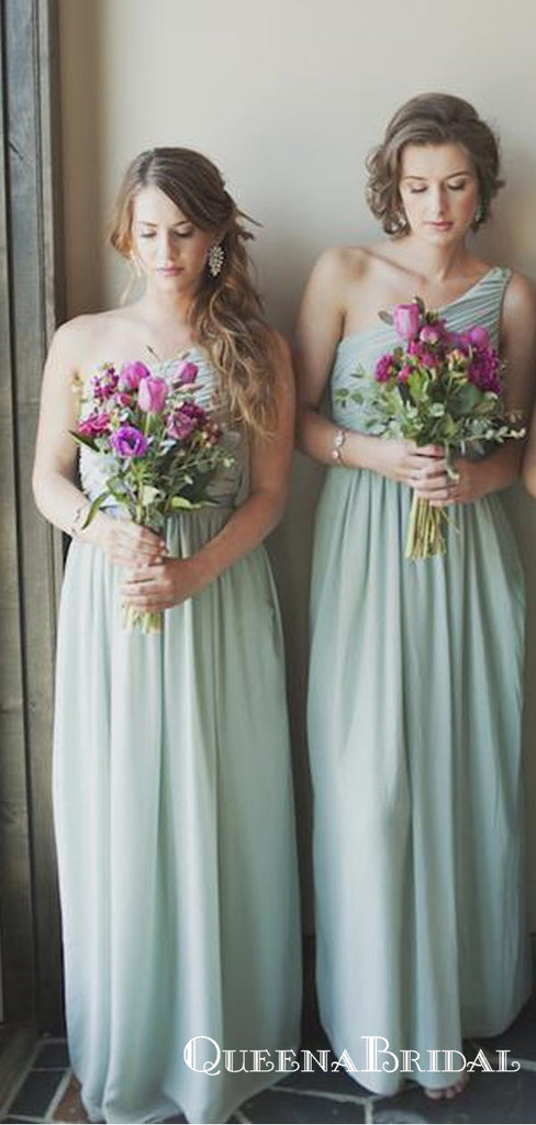 Simple One Shoulder Sleeveless Chiffon Long Bridesmaid Dresses, QB0725