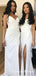 Sheath Spaghetti Straps Mermaid White Chiffon Bridesmaid Dresses with Split, QB0706