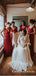 A-Line V-Neck Red Cap Sleeve Pleated Bridesmaid Dresses with Lace, QB0748