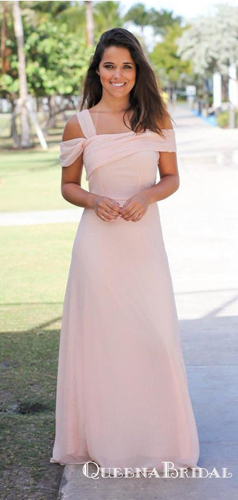 Pink Off Shoulder Sleeveless A Line Ruffles Chiffon Bridesmaid Dresses, QB0850