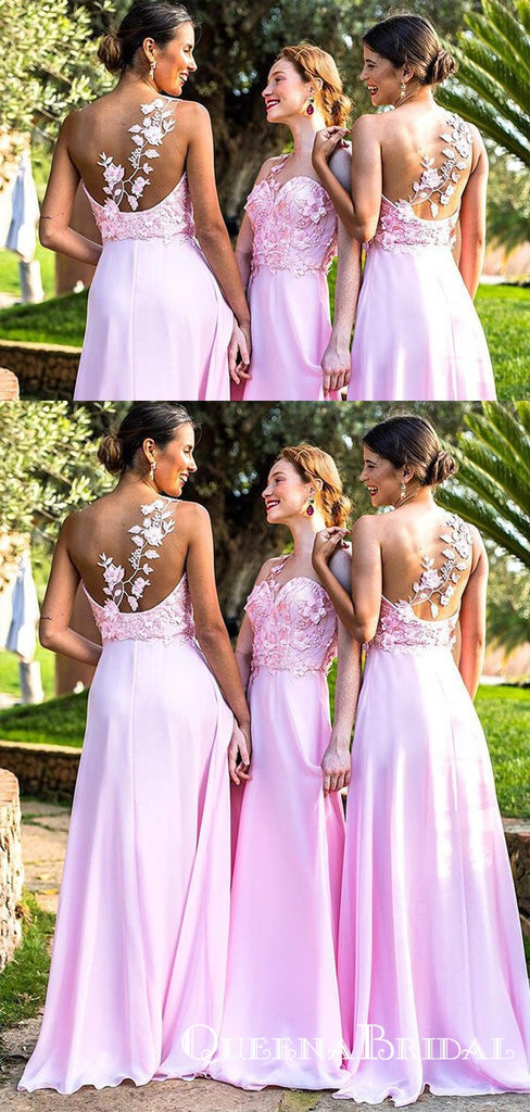 A-Line Illusion Round Neck Pink Chiffon Bridesmaid Dresses with Appliques, QB0629