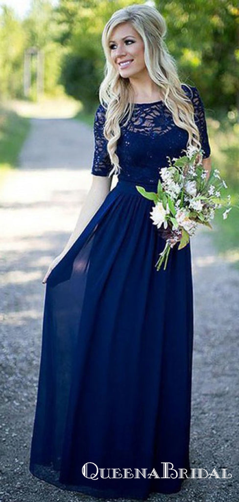 A-Line Scoop Neck Blue Floor Length Bridesmaid Dresses with Half Sleeve, QB0723