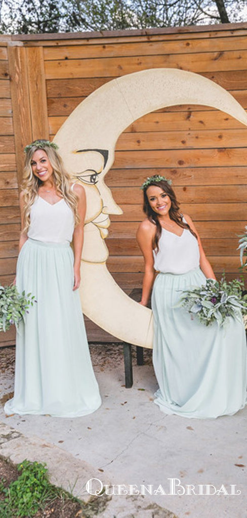 Two Piece White and Sage Chiffon Long Cheap Bridesmaid Dresses, QB0879