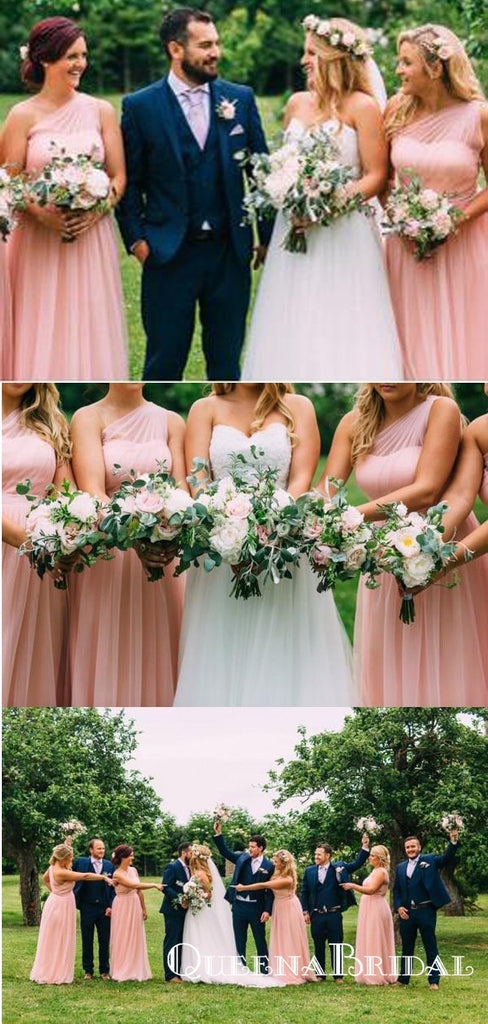 2019 Pink One Shoulder Long Cheap Chiffon Bridesmaid Dresses, QB0650