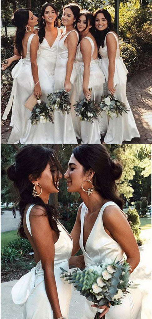 Charming Mermaid White V-neck Split Backless Bridesmaid Dresses, QB0643