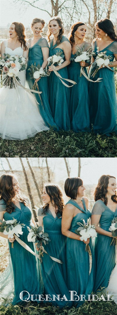 A-Line V-Neck Long Cheap Turquoise Tulle Bridesmaid Dresses, QB0702