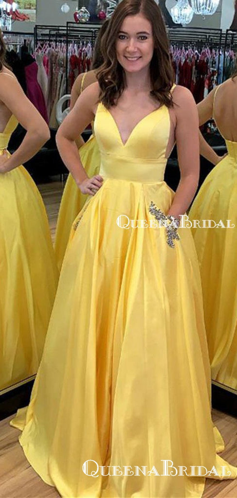 A-line Yellow Satin Spaghetti Strap Sleeveless Long Cheap Charming Prom Dresses With Pocket Beads, PDS0002