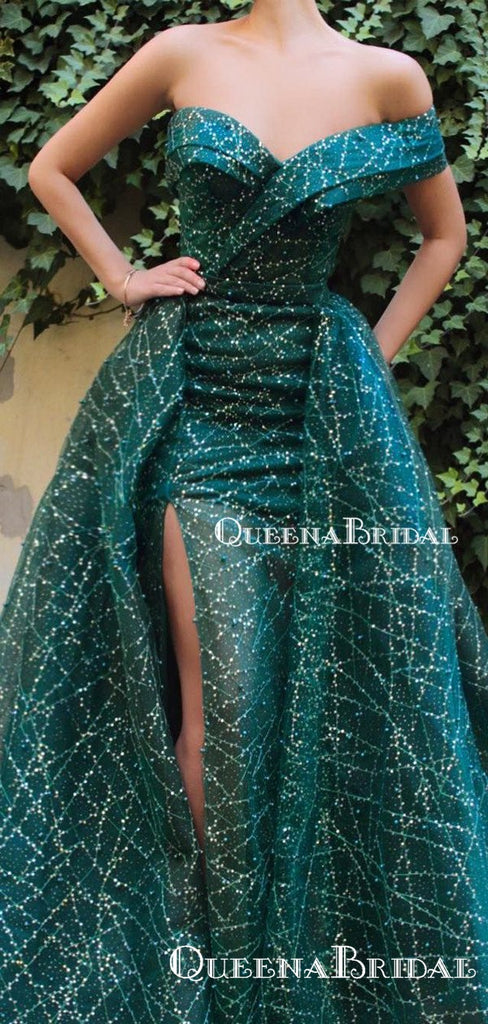 One Shoulder New Arrival Green Off-The-Shoulder Side Slit Sparkly Lace Long Prom Dresses, QB0955