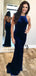 Sexy Blue Velvet Mermaid Long Cross Back Evening Prom Dresses, QB0468