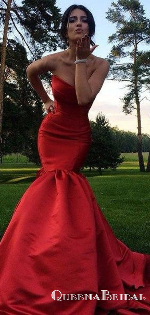 Charming Mermaid Sweetheart Red Satin Long Prom Dresses, QB0566