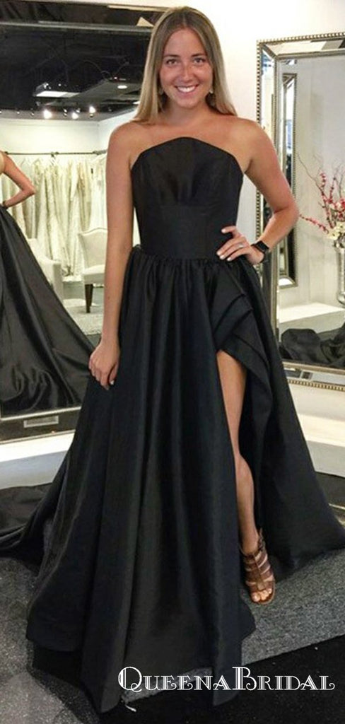 A-Line Strapless Long Cheap Black Satin Prom Dresses with Split, QB0542