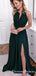 Halter Open Back Long Dark Green Prom Dresses With Keyhole Split, QB0618