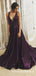 A-Line V-Neck Long Grape Satin Cheap Prom Dresses with Beading, QB0689