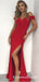 Charming Mermaid Off-Shoulder Long Cheap Red Prom Dresses with Split, QB0501