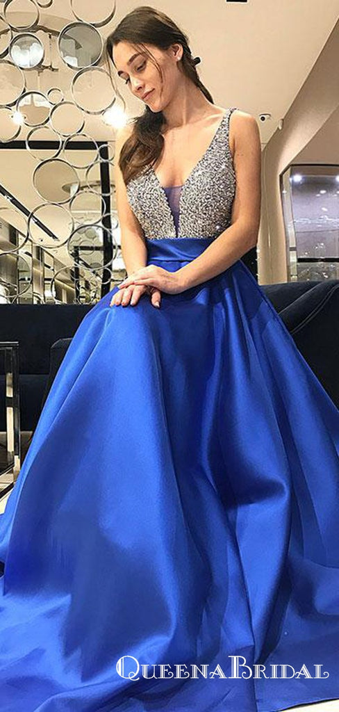 A-Line V-Neck Long Cheap Royal Blue Satin Prom Dresses With Beaded, QB0684