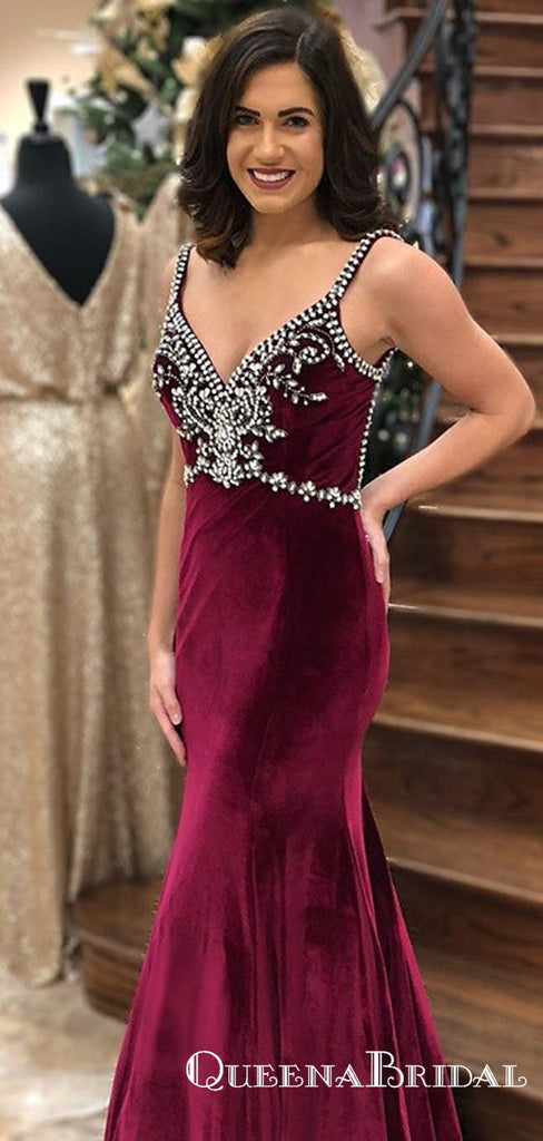 Mermaid Spaghetti Straps Backless Burgundy Prom Dresses with Beading, QB0526