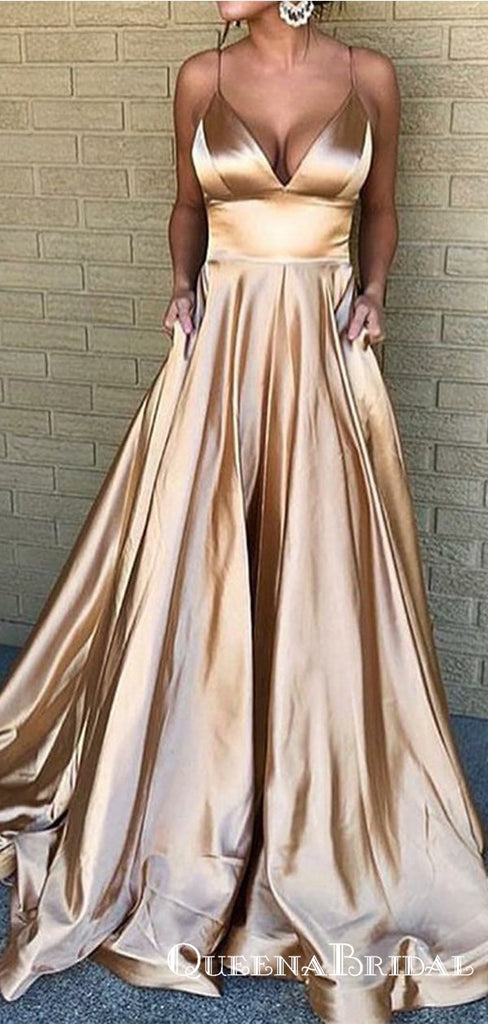 A-Line Spaghetti Straps Long Champagne Prom Dresses with Pockets, QB0524