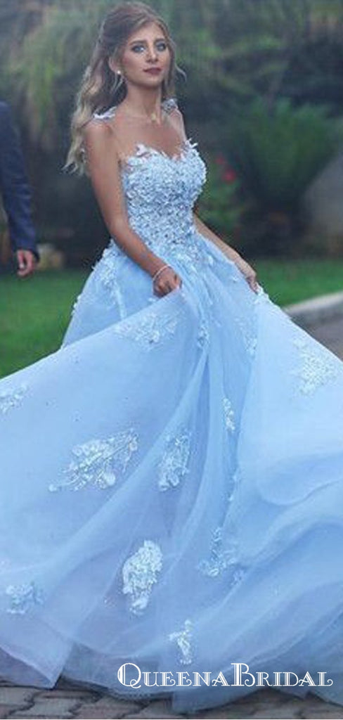 Baby Blue Illusion Neck Long Cheap Tulle Prom Dresses With Applique, QB0668