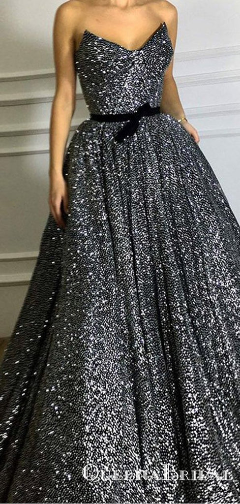 2019 Sparkly A-Line Sweetheart Long Black Sequined Prom Dresses, QB0519