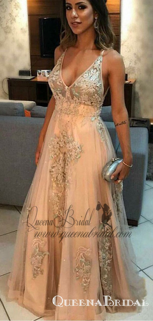 Charming  V-Neck Long Light Champagne Prom Dresses with Appliques, QB0492