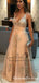 Charming  V-Neck Long Light Champagne Prom Dresses with Appliques, QB0492