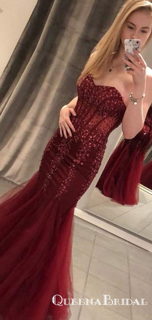 Charming Mermaid Sweetheart Long Burgundy Prom Dresses with Appliques, QB0527