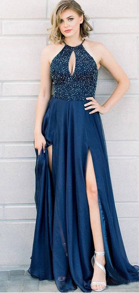 A Line Halter Keyhole Navy Blue Prom Dresses With Beading Split, QB0588