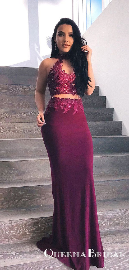 Sheath Round Neck Keyhole Burgundy Stretch Satin Prom Dresses with Appliques, QB0683