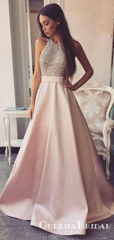 Charming A-Line Round Neck Pink Satin Long with Beading Prom Dresses, QB0564