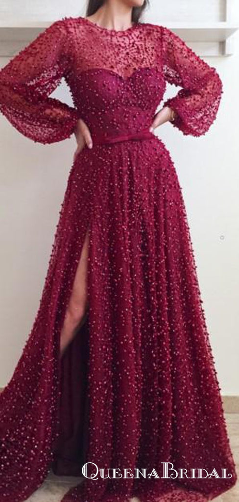 Burgundy Round Neck Heavy Beaded Long Tulle Prom Dresses, QB0558