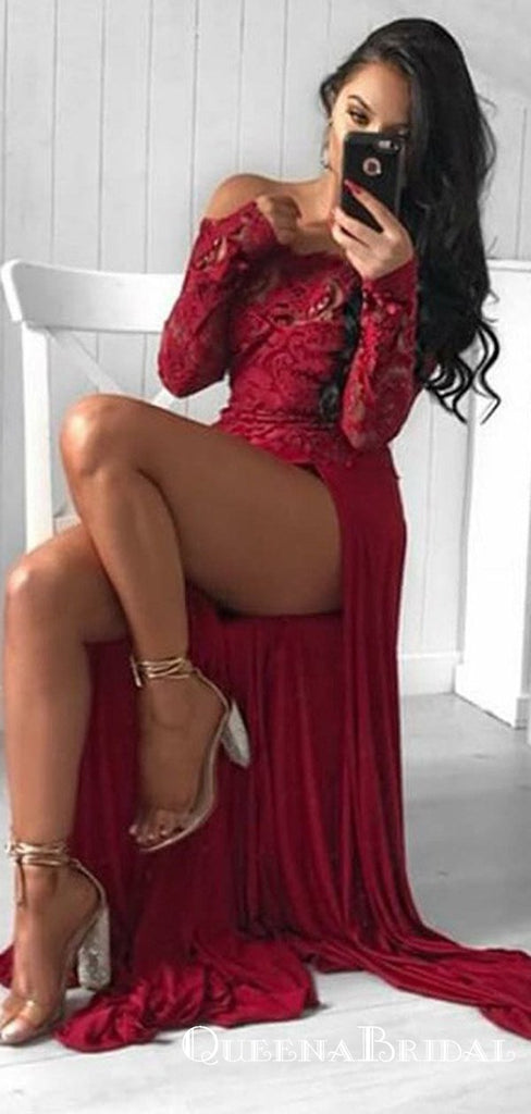 A-Line Off-Shoulder Long Sleeves Dark Red Prom Dresses with Lace, QB0507