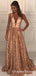 A-Line Deep V-Neck Long Cheap Champagne Lace Prom Dresses with Beading, QB0681