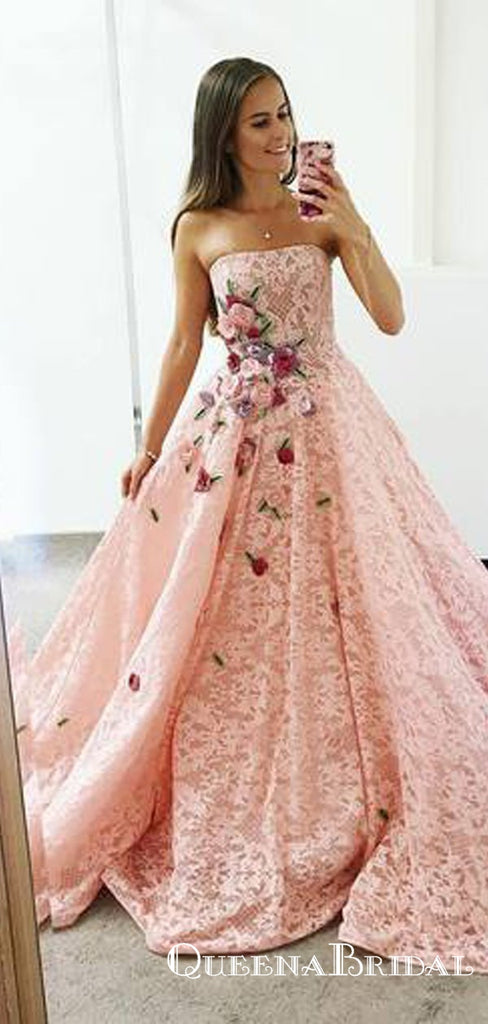 Strapless Pink Lace Long Ball Gown with Floral Embroidery Prom Dresses, QB0602