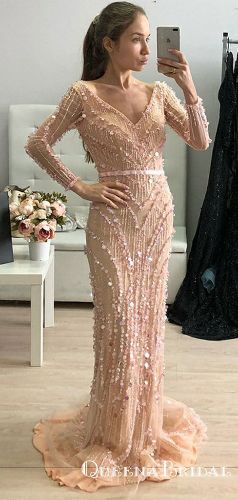 Mermaid V-Neck Long Sleeves Blush Pink Prom Dresses with Sequins, QB0518