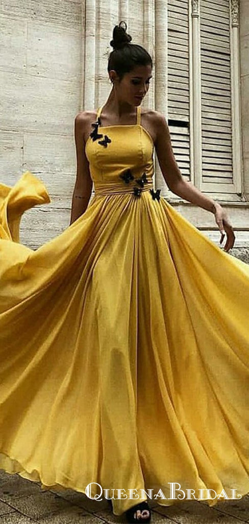 A-Line Halter Long Cheap Yellow Chiffon Prom Dresses with Applique, QB0504