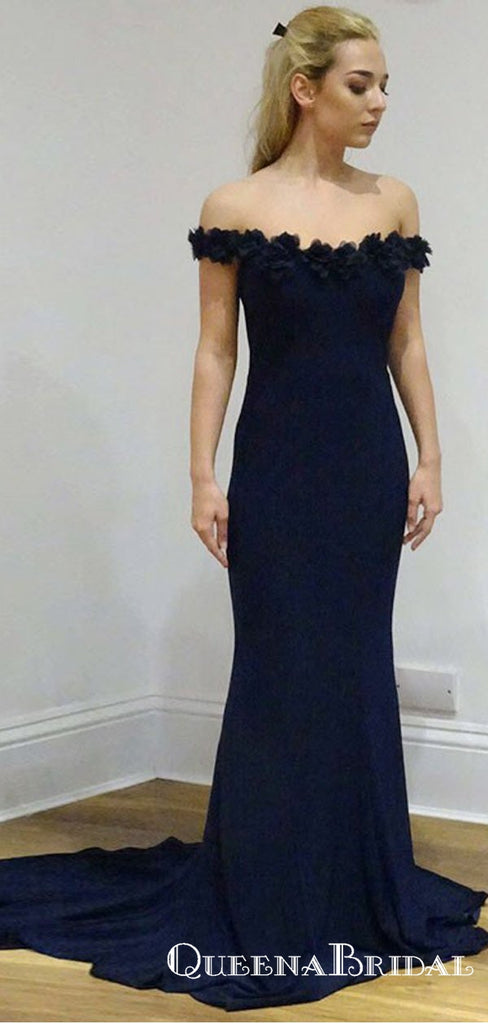 Mermaid Off-Shoulder Long Navy Blue Prom Dresses with Appliques, QB0508