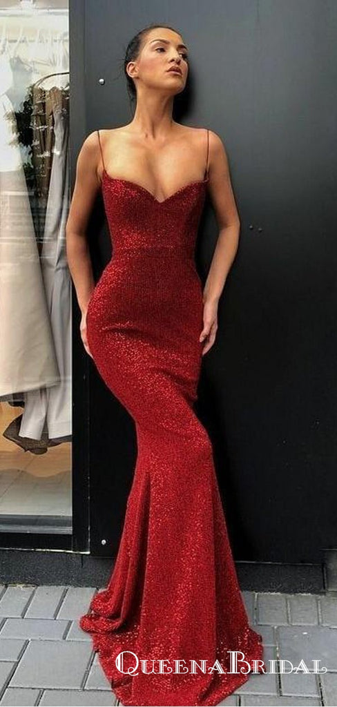 Spaghetti Straps Sexy Red Sequin Long Cheap Mermaid Prom Dresses, QB0554