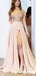 A Line V neck Long Sleeves Light Champagne Prom Dresses With Appliques, QB0587