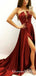 Sexy Burgundy Satin Strapless Appliques Prom Dresses With Side Split, QB0713