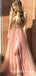 A-Line Spaghetti Straps Sleeveless Pink Long Prom Dresses with Appliques, QB0736