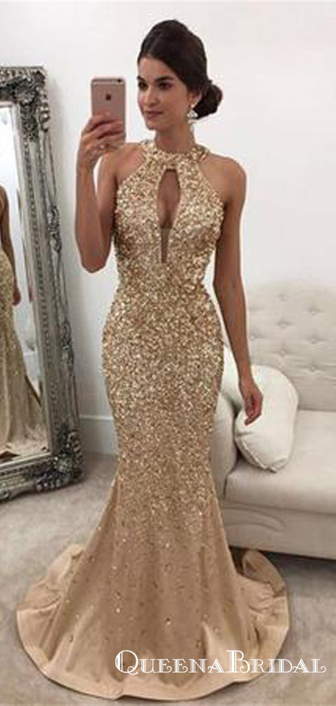 Long Champagne Satin Halter Prom Dresses Mermaid Crystal Beaded, QB0541