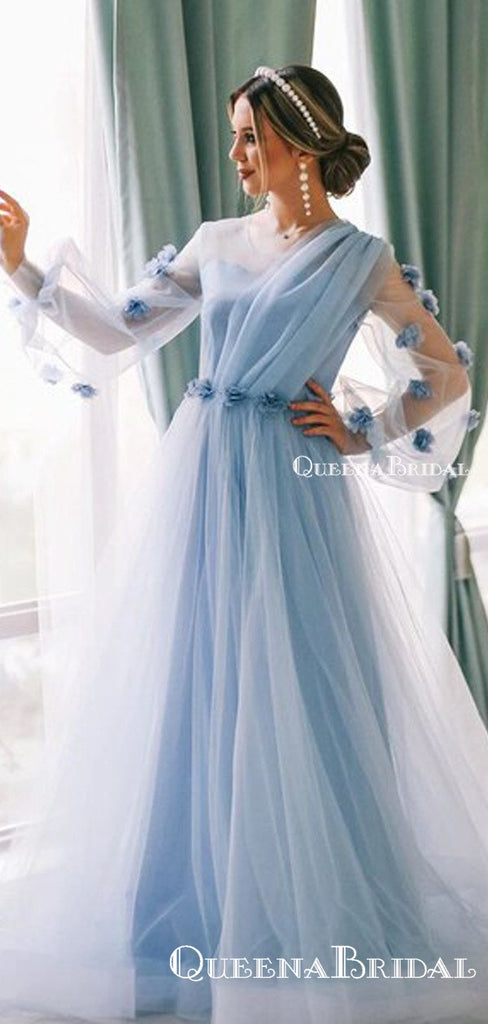 Newest A Line 3D Flowers Dubai Beauty Tulle Long Sleeves Light Blue Elegant A-line Long Cheap Prom Dresses, PDS0045