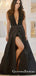 Sexy A-Line Deep V Neck Backless Black Satin Long with Beaded Slit Prom Dresses, QB0563