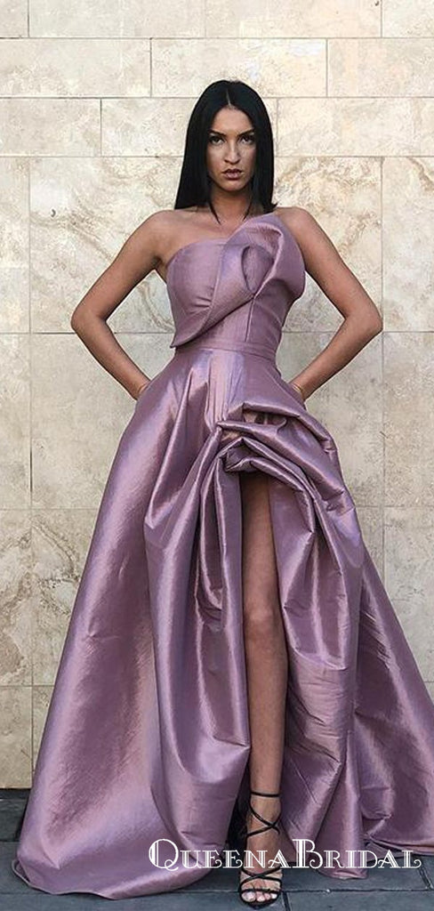 Lavender Long Strapless Evening Gowns Split Prom Dresses with Pockets, QB0773