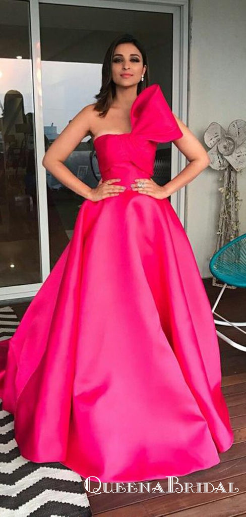 Strapless A Line Hot Pink Long Cheap Satin Prom Dresses With Bow Knot, QB0753