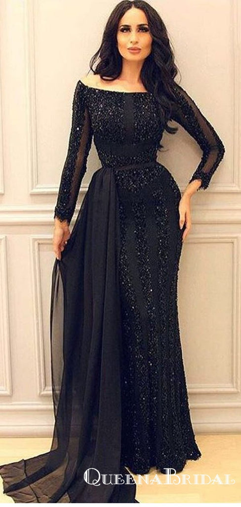 Sexy Black Long Sleeve 2019 Mermaid Sequins Long Cheap Prom Dresses, QB0798