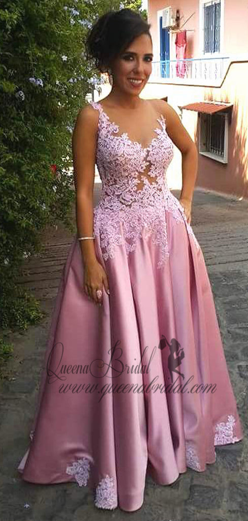 Charming Pink Scoop Long Cheap Prom Dresses Gown With Applique, QB0474