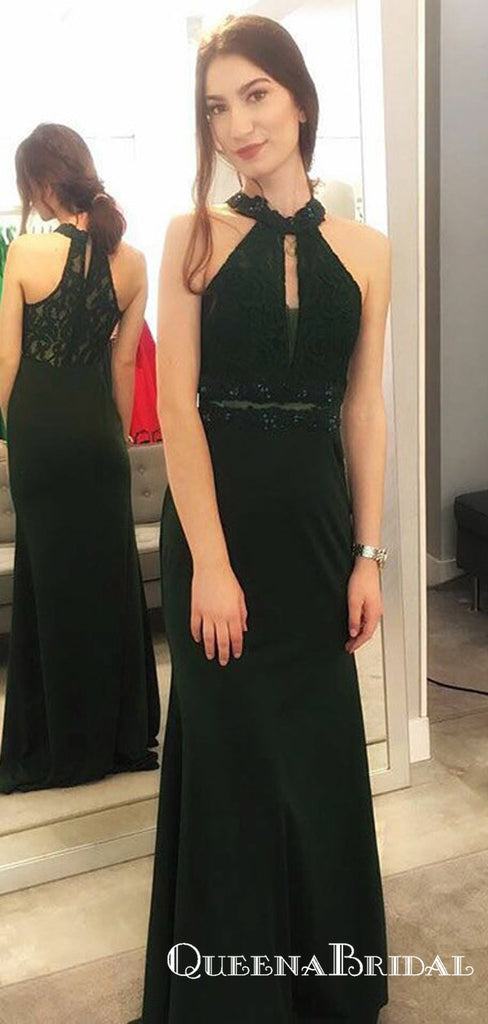 Mermaid Halter Long Dark Green Prom Dresses with Lace Keyhole, QB0515