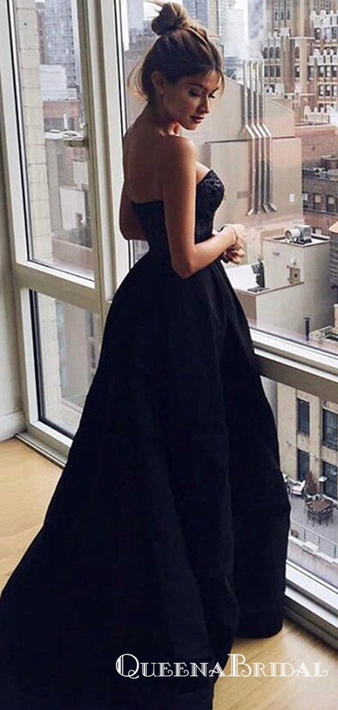 A-Line Sweetheart Long Cheap Black Satin Prom Dresses with Lace, QB0544